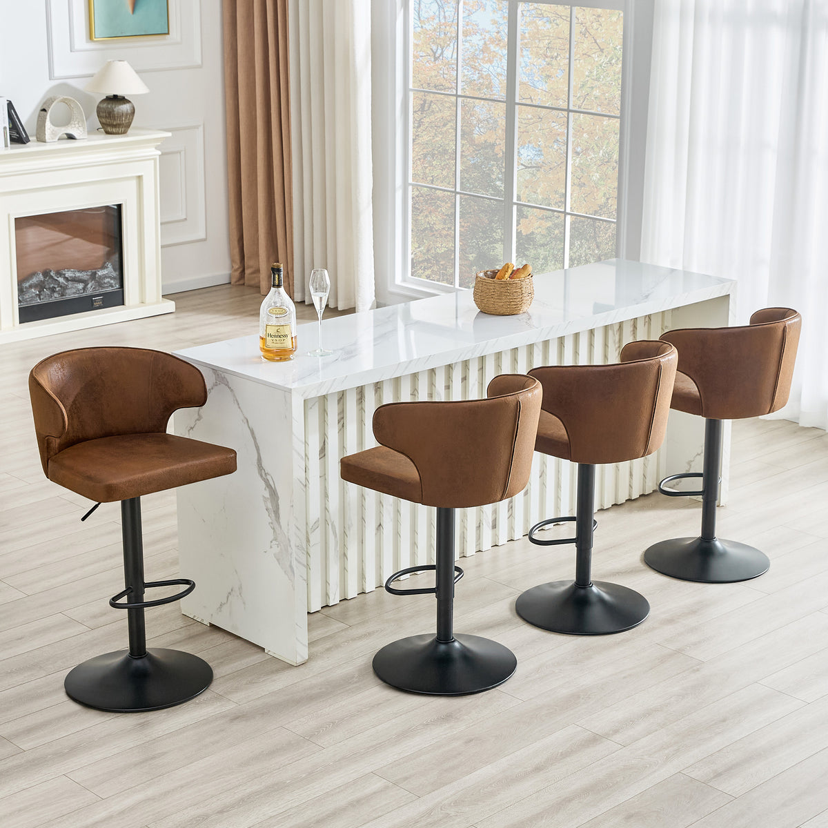 Modern Rotating Adjustable Bar Chair, Suede With Backrest Swivel Chair, Suitable For Kitchen Bar And Dining Room, Height Adjustable, Load-bearing Up To 300 Pounds Brown -4 Pieces