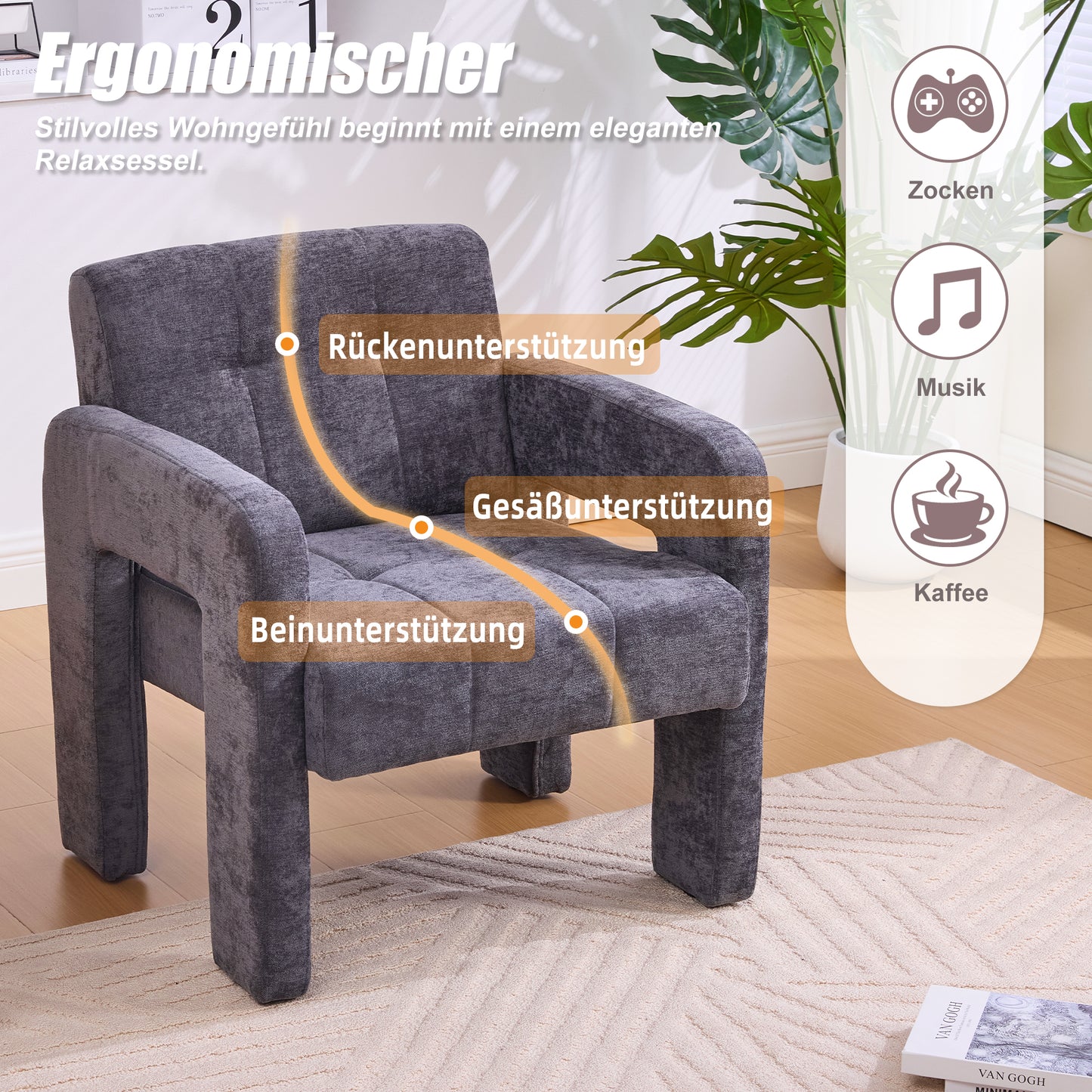 Modern Minimalist Casual Single Armchair Living Room, Bedroom, Office Area Upholstered Chair Comfortable Padded Armchair Nordic Style Casual Seating Grauer Chenille