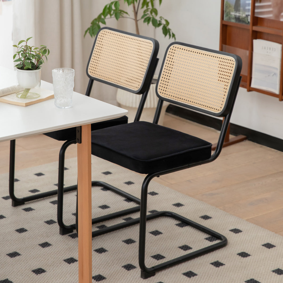 Dining Chairs Set Of 2, Velvet Rattan Side Accent Chairs With Chrome Legs, Modern Mid Century Breuer Designed Chairs, Upholstered Dining Living Room Kitchen Chairs