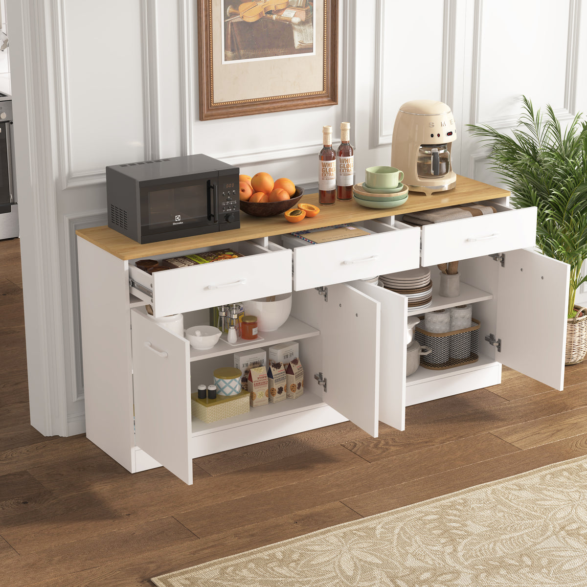 Kitchen Cabinet Sideboard With 3 Drawers & Adjustable Shelves, 160cm Kitchen Island With Wood Look Worktop, White, 76.5x160x37cm