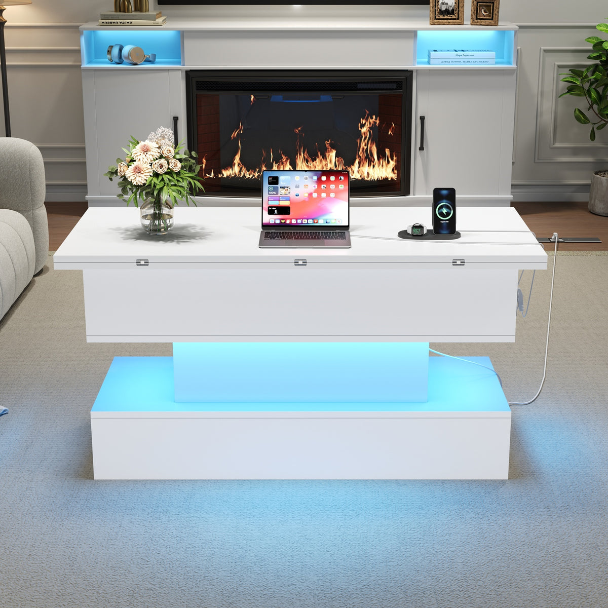 100x50x51.5cm Coffee Table With Power Outlet, USB-C & USB Charging Port, Multifunctional Living Room Table With LED, Liftable Coffee Table, Height-adjustable Sofa Table, Side Table And Dining Table Wi