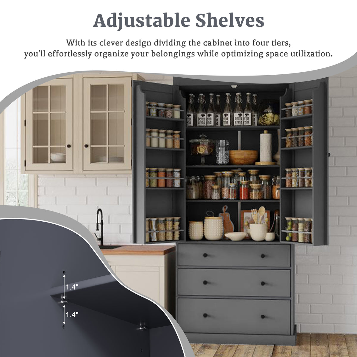TOPMAx 77inch Farmhouse Kitchen Pantry Freestanding Tall Cupboard Storage Cabinet With 3 Adjustable Shelves 8 Door Shelves 3 Drawers For Kitchen Dining Room Gray