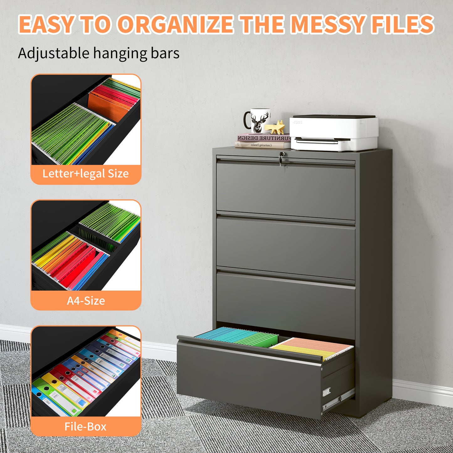 Lateral File Cabinet 4 Drawer, Black Filing Cabinet With Lock, Lockable File Cabinet For Home Office, Locking Metal File Cabinet For Legal Letter A4 F4 Size