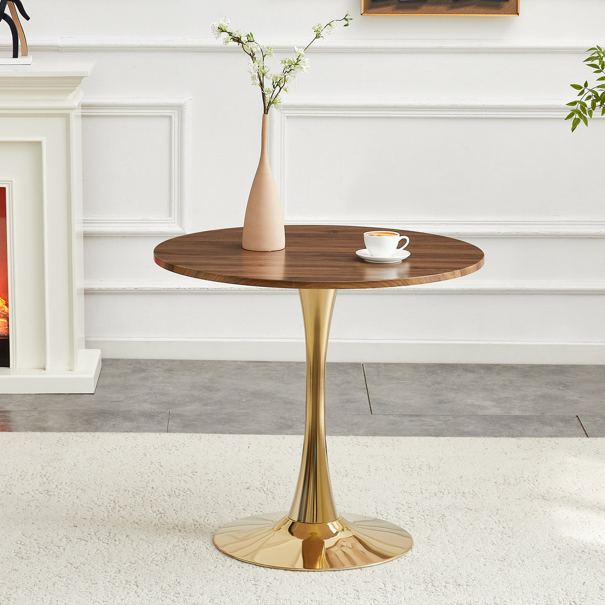 Round Dining Table, 31.5in Circle Tulip Table With Thickened Tabletop & Metal Pedestal, Mid Century Modern Bistro Table For Kitchen, Small Places, Living Room, Cafe Faux Walnut
