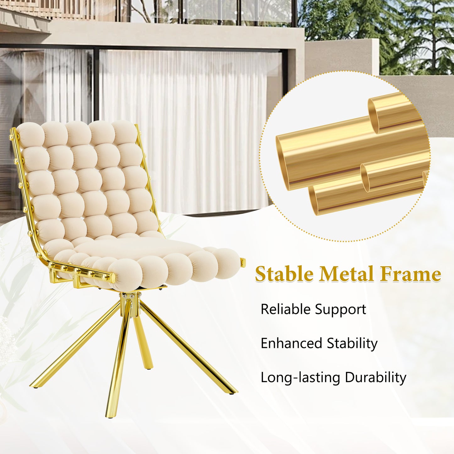 Set Of 2 Cream Bubble Tufted Swivel Accent Chair, Modern Velvet Armless Chair With Gold Metal Frame For Dining Room, Living Room & Vanity Desk