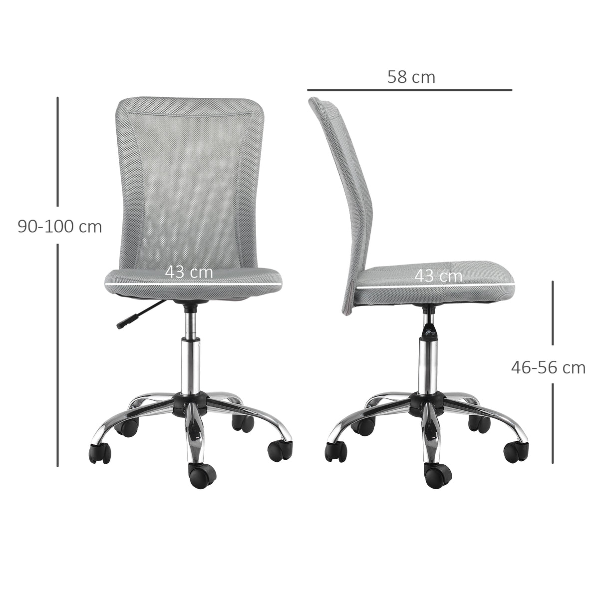 Vinsetto Office Chair, Armless Desk Chair, Adjustable Computer Swivel Chair With Rolling Wheels And Mesh Back For Home Work Study, Grey