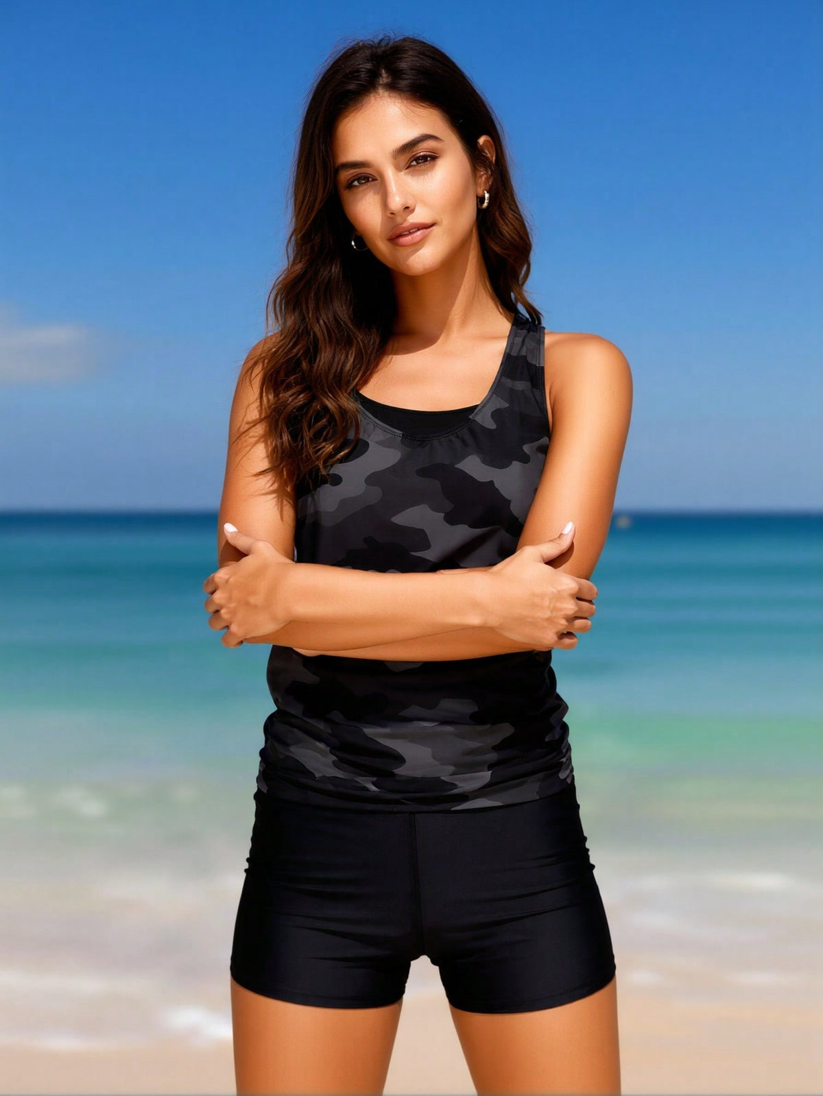 2026 New Women's Sexy Fashion Black Grey Camouflage Two-Piece Boyleg Swimsuit For Vacation & Leisure