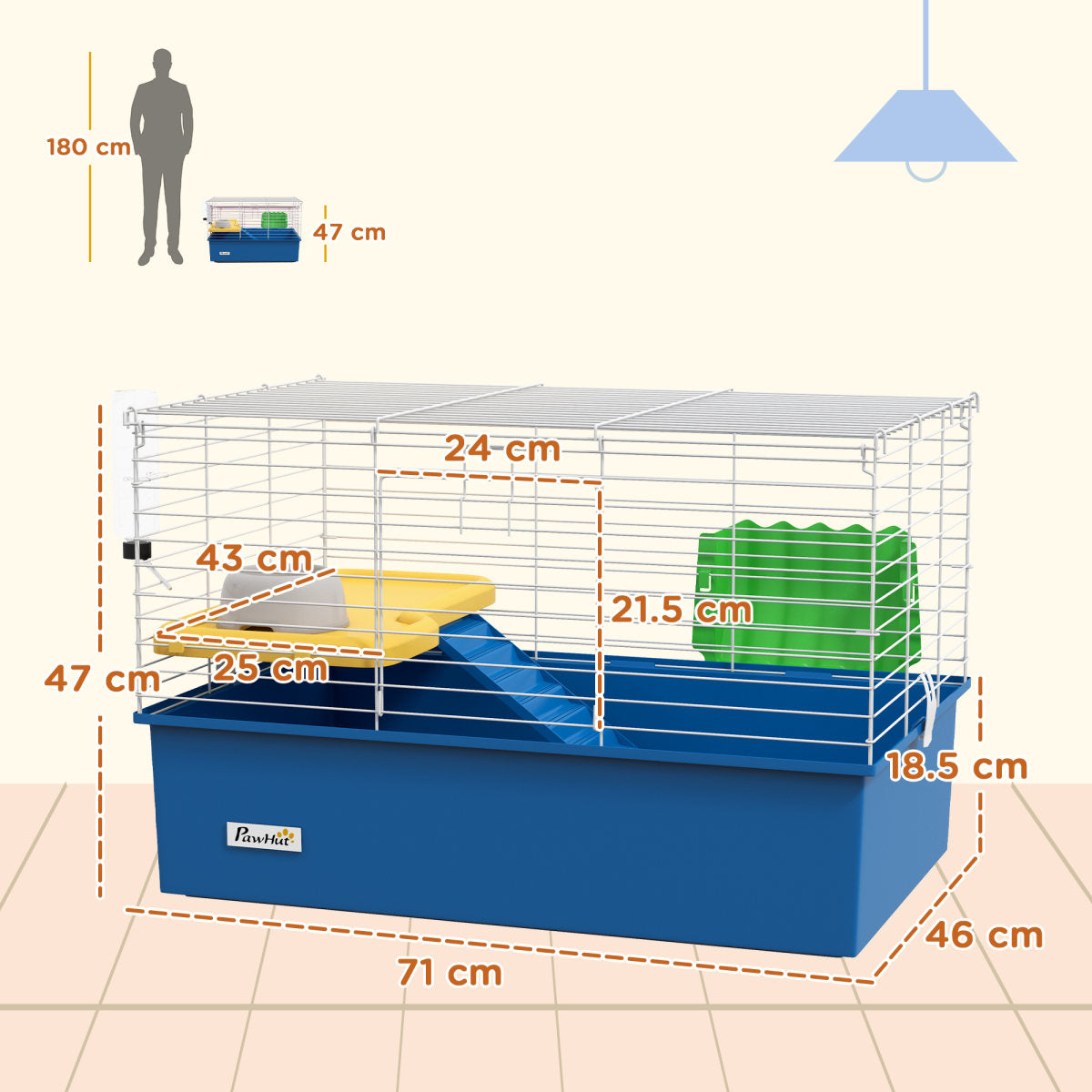 PawHut Chinchillas Small Rabbit Guinea Pig Small Animal Cage, Pet Playhouse, With Platform, Ramp, 71 X 46 X 47cm, Blue
