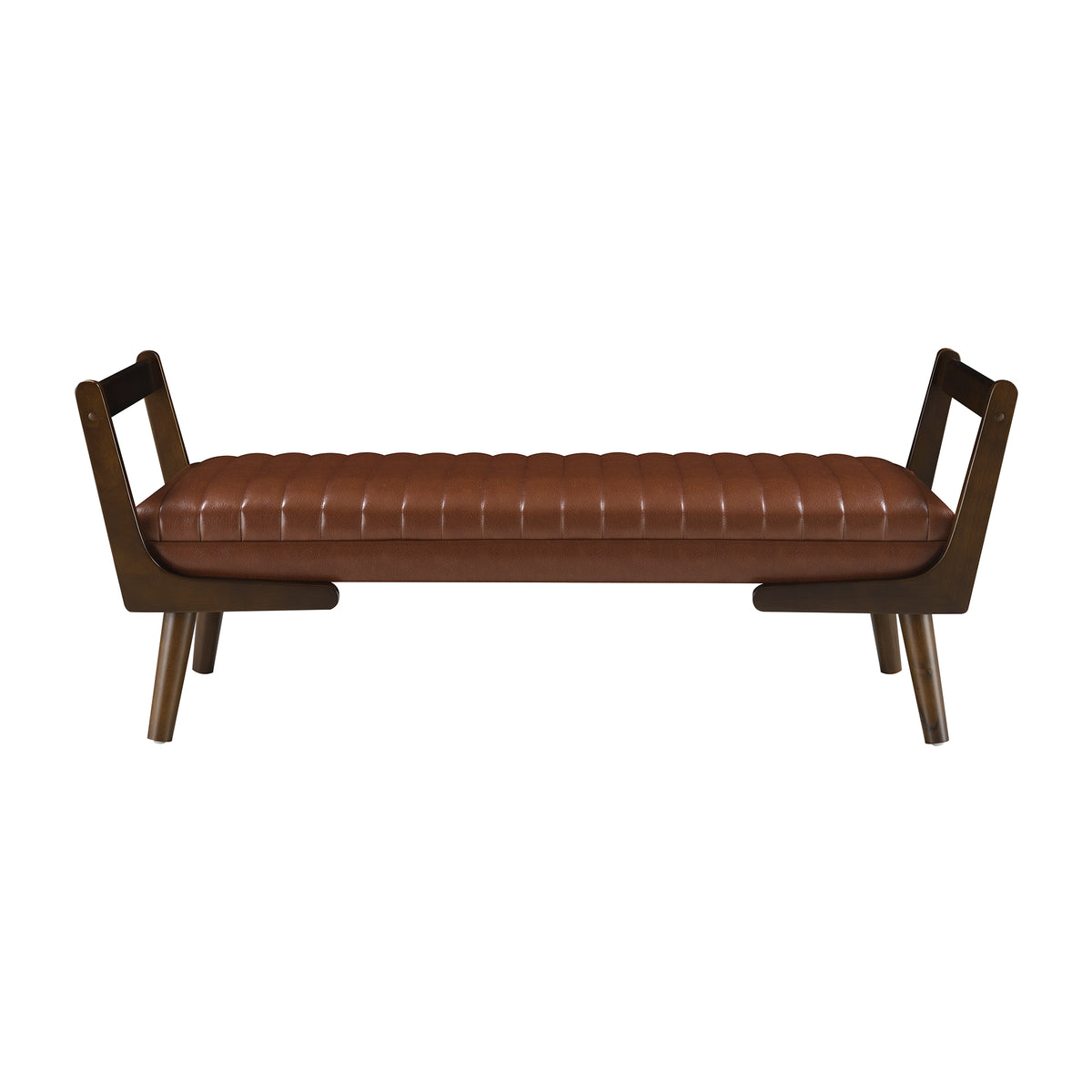 52 Mid Century Bench With Walnut Wood Leg,Channeled Upholstered Footrest Stool For Kitchen, Living Room, Bedroom, Entryway, End Of Bed. PU Cognac, Light Brown