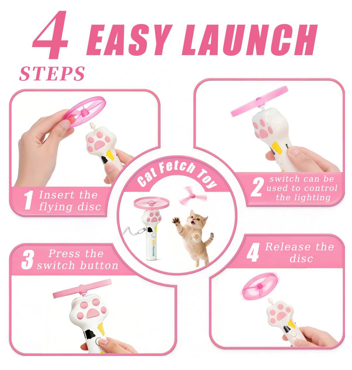 Cat Fetch Toy Launcher,Flying Disc Launcher Toy Rechargeable With 6 Flying Discs,Flying Cat Toy Disc Launcher For Kitten Dog Playing Interactive Hunting Tracking Toys For Outdoor Indoor