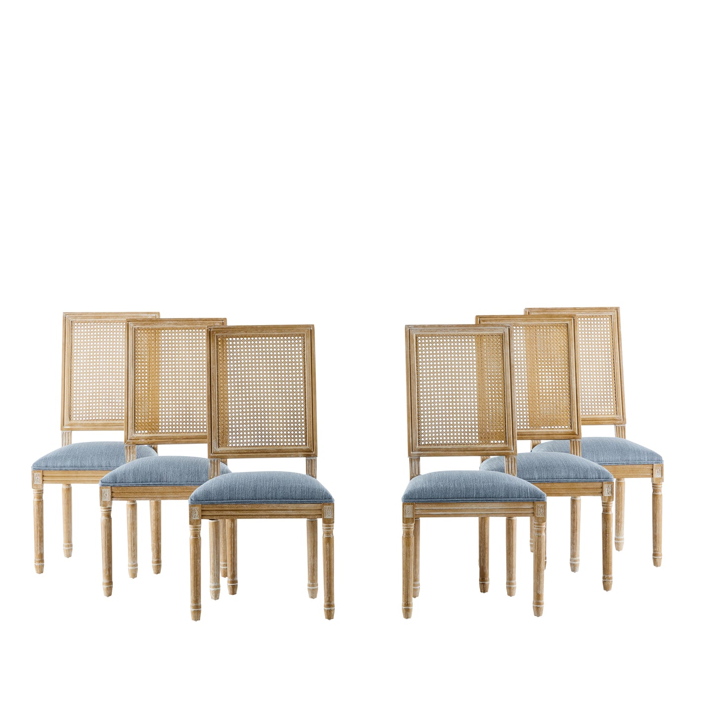Set Of 6 French Country Dining Chairs - Elegant Cane Backrest & Upholstered Seats With Fluted Legs - Rustic Weathered Finish - Solid Rubberwood Frame - Vintage Inspired Kitchen & Dining Room Chairs