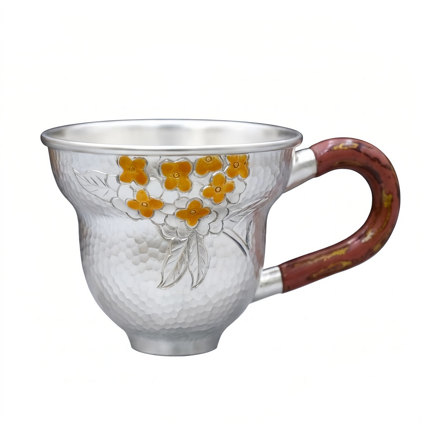 Pure 999 Fine Silver Handcrafted Hammered Silver Tea Cup with Floral Engraving and Wooden Handle - Handicraft