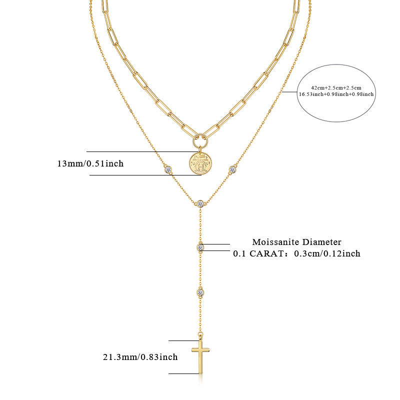 S925 Sterling Silver 0.1ct Moissanite Layered Necklace 14.4g Cross Coin Pendant Y-Necklace 40cm Gold Plated GRA Certified Gift Box