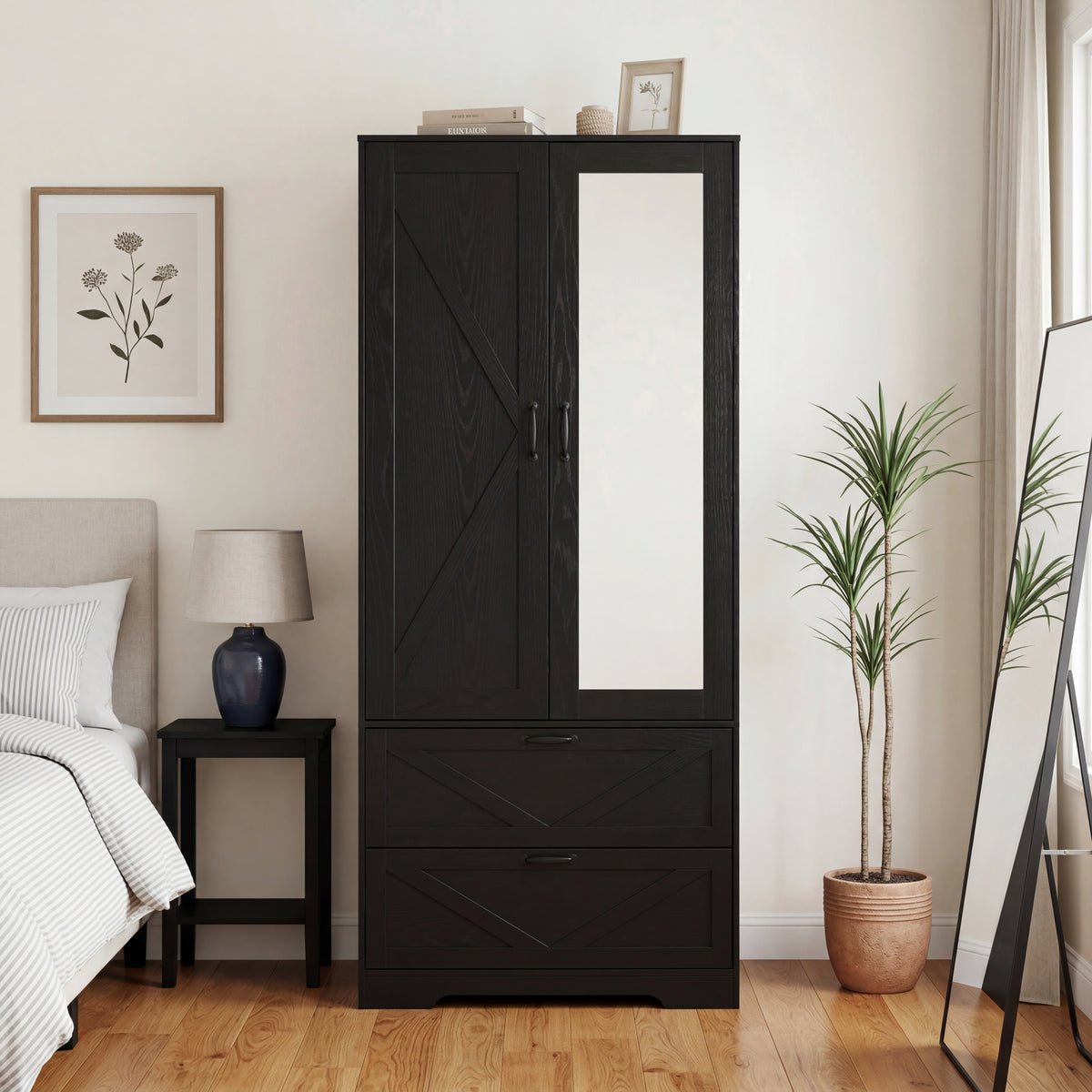 2 Door Wood Wardrobe For Bedroom With Hanging Clothing Rod Inside The Cabinet And 2 Drawers For Storage Organization, Built-in Induction Light Multifunctional Closet With Mirror, Black