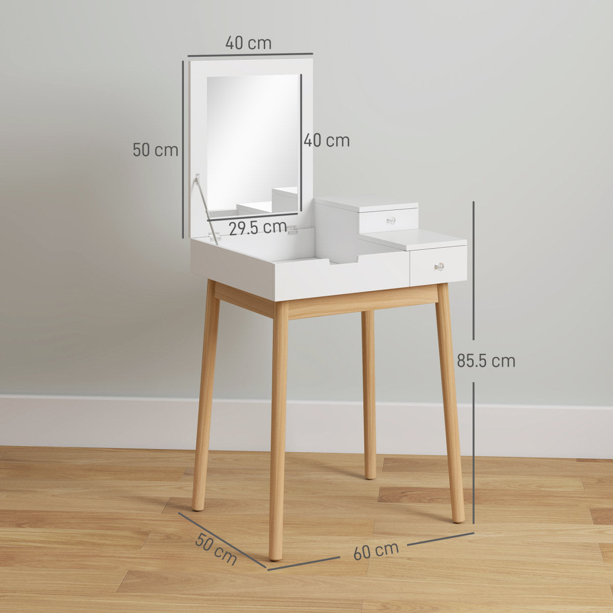 Dressing Table With Flip-up Mirror, Makeup Desk With 2 Drawers And Pine Wood Legs, Vanity Table Writing Desk For Bedroom Living Room, White