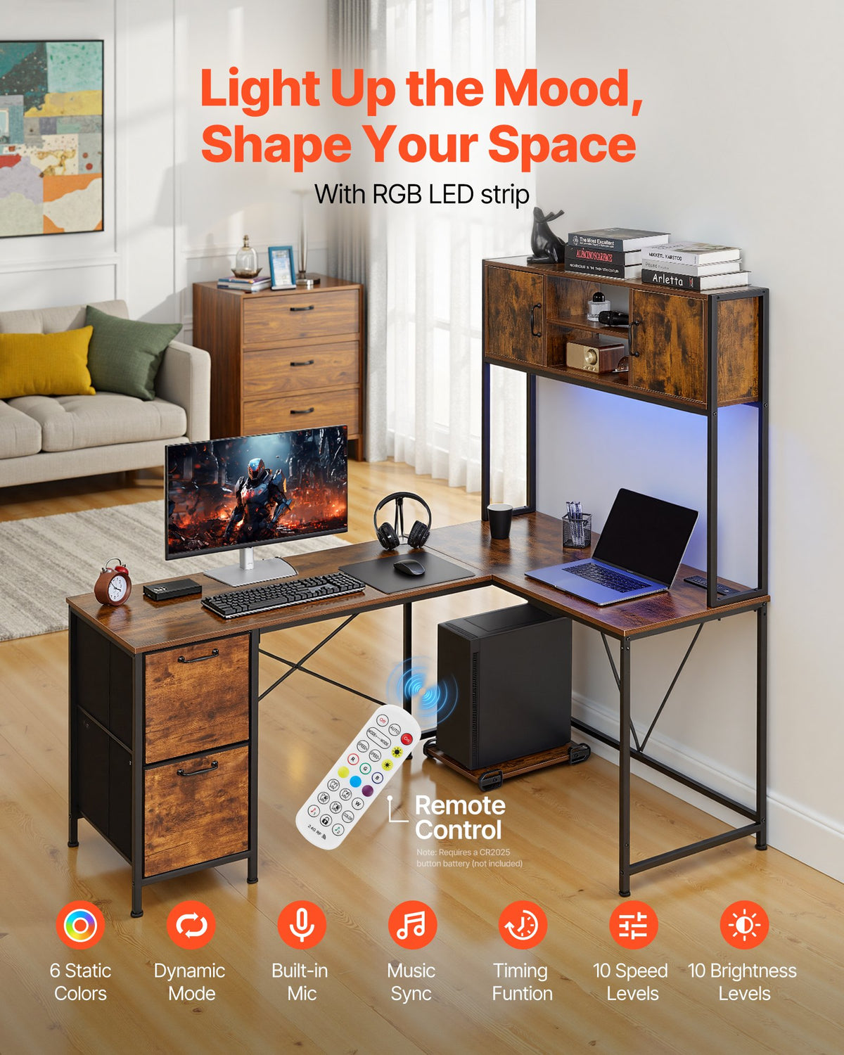 L-Shaped Gaming Desk With LED Lights, 62.2-inch Reversible Corner Computer Desk With Power Outlets, Movable CPU Stand & Storage Drawers, Modern Stylish PC Gaming Table For Home Office