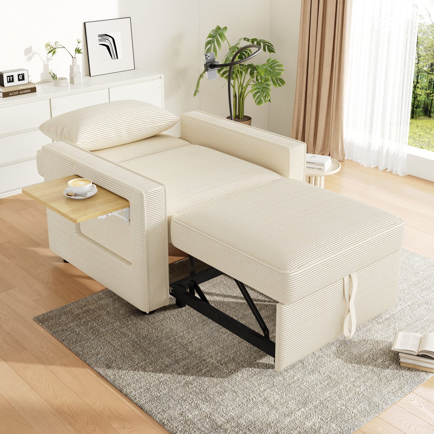 Multifunctional Foldable Sofa Bed With USB Charging Port And Mobile Phone Holder, 1 Seater Recliner Sofa Bed Convertible, Space Saving For Living Room And Bedroom, Corduroy Fabric, Beige