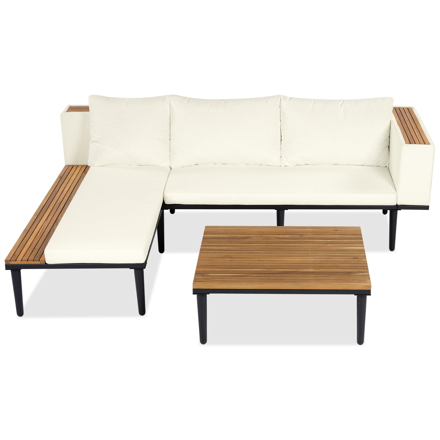 Luxury Patio Furniture Set With Removable Cushions And Coffee Table, L-Shaped Acacia Wood Sofa With Side Table, Outdoor Conversation Sectional Sofa For Backyard, Porch, Beige