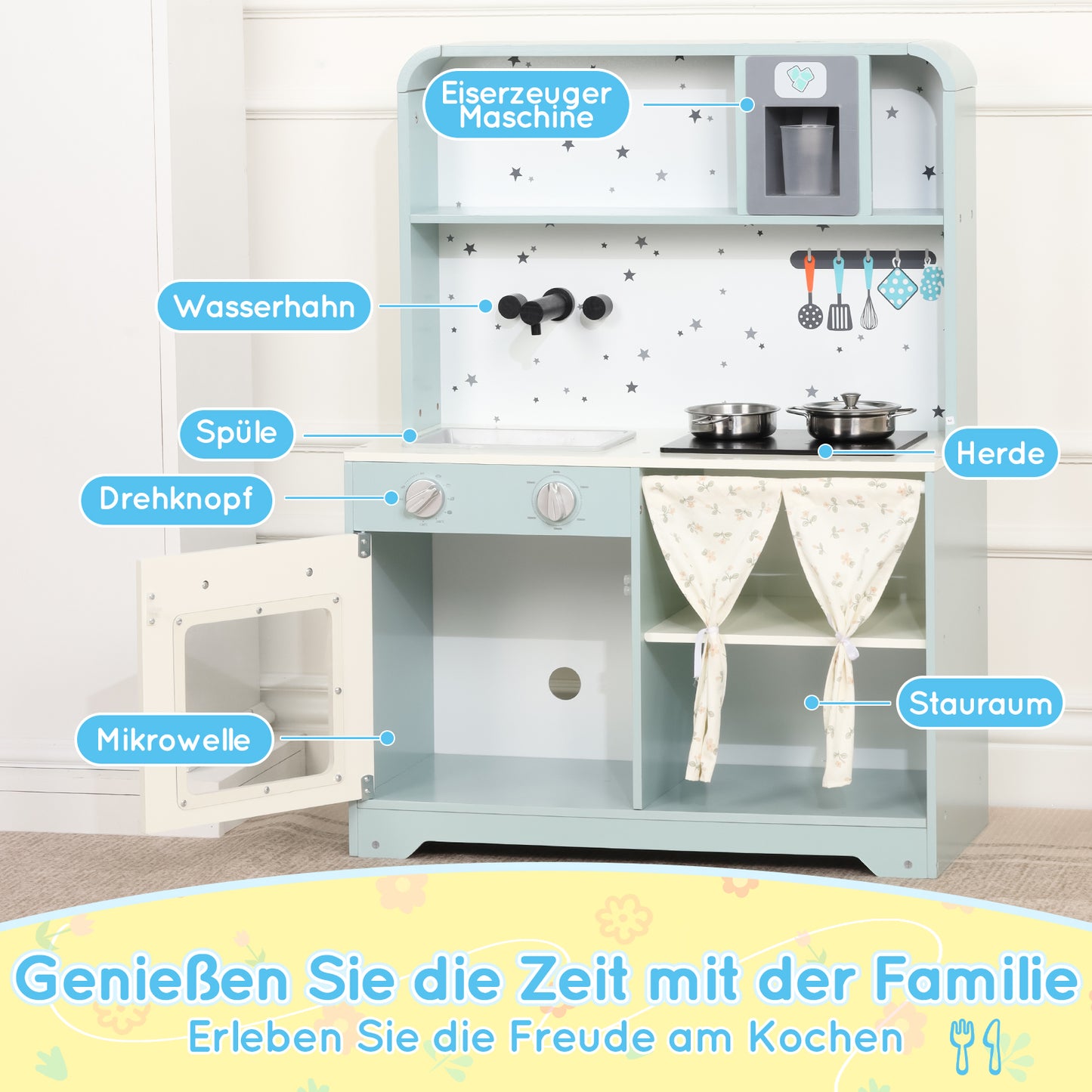 Children's Kitchen, Play Kitchen With Ice Maker And Microwave, Accessories And Surprise Effects, An Excellent Gift For Children Aged 3 And Over, Wood Plastic, Blue, 29x60x81cm