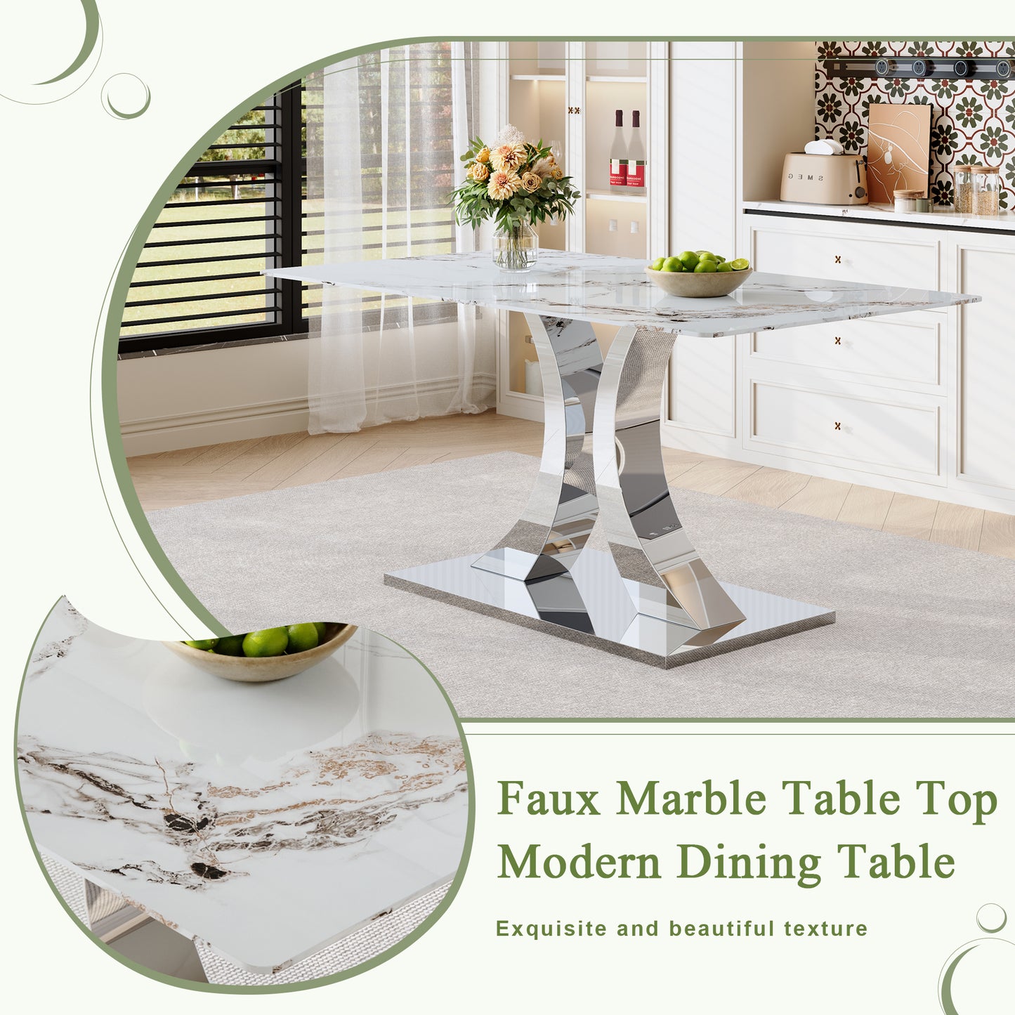 Transformable Heavy-Duty Stainless Steel Base In Silver 63in X 35in Dining Table Luxury Pandora White Pattern Tempered Glass Rock Top For Kitchen Dining Room