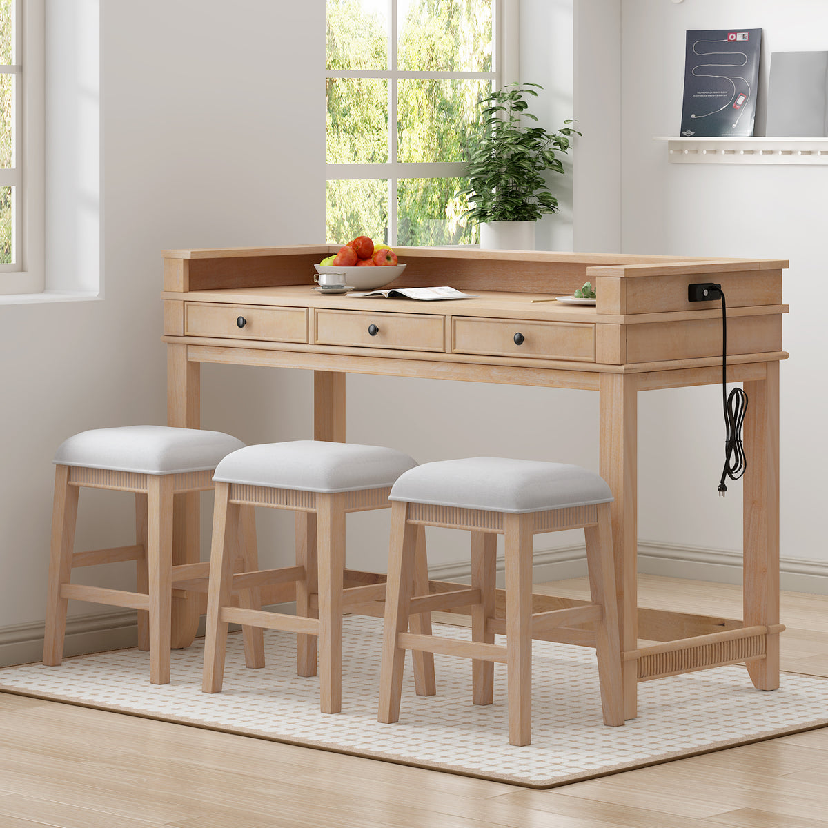 TREXM 4-Piece Dining Table Set For 3 Retro Kitchen Table And Chairs Set With 3 Storage Drawers Ideal For Small Spaces Natural