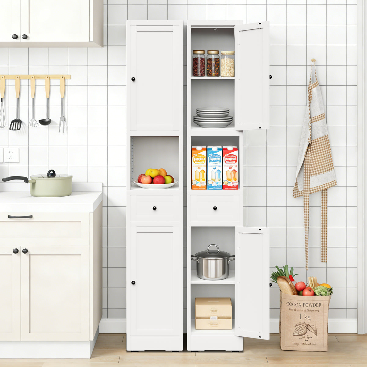 71 Inch Tall Bathroom Storage Cabinet, 5-Tier Narrow Metal Cabinet With 2 Doors & Adjustable Shelves, Freestanding Cabinet For Space Saving In Kitchen, Laundry Room, Pantry, White