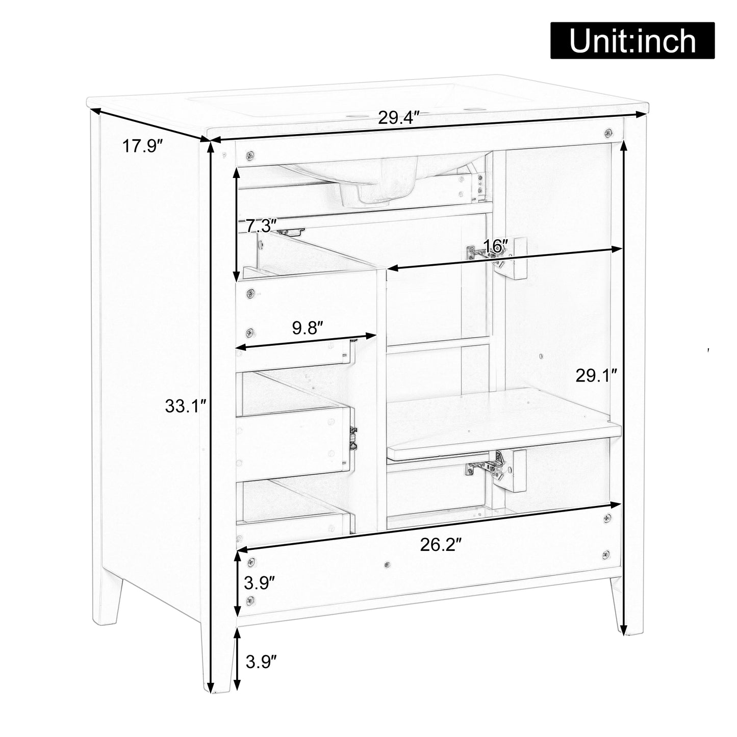 30-Inch Green Bathroom Vanity With Sink, Modern MDF And Rubberwood Cabinet With 3 Drawers And Adjustable Shelf, Freestanding Vanity For Bathroom Storage And Organization Left Door