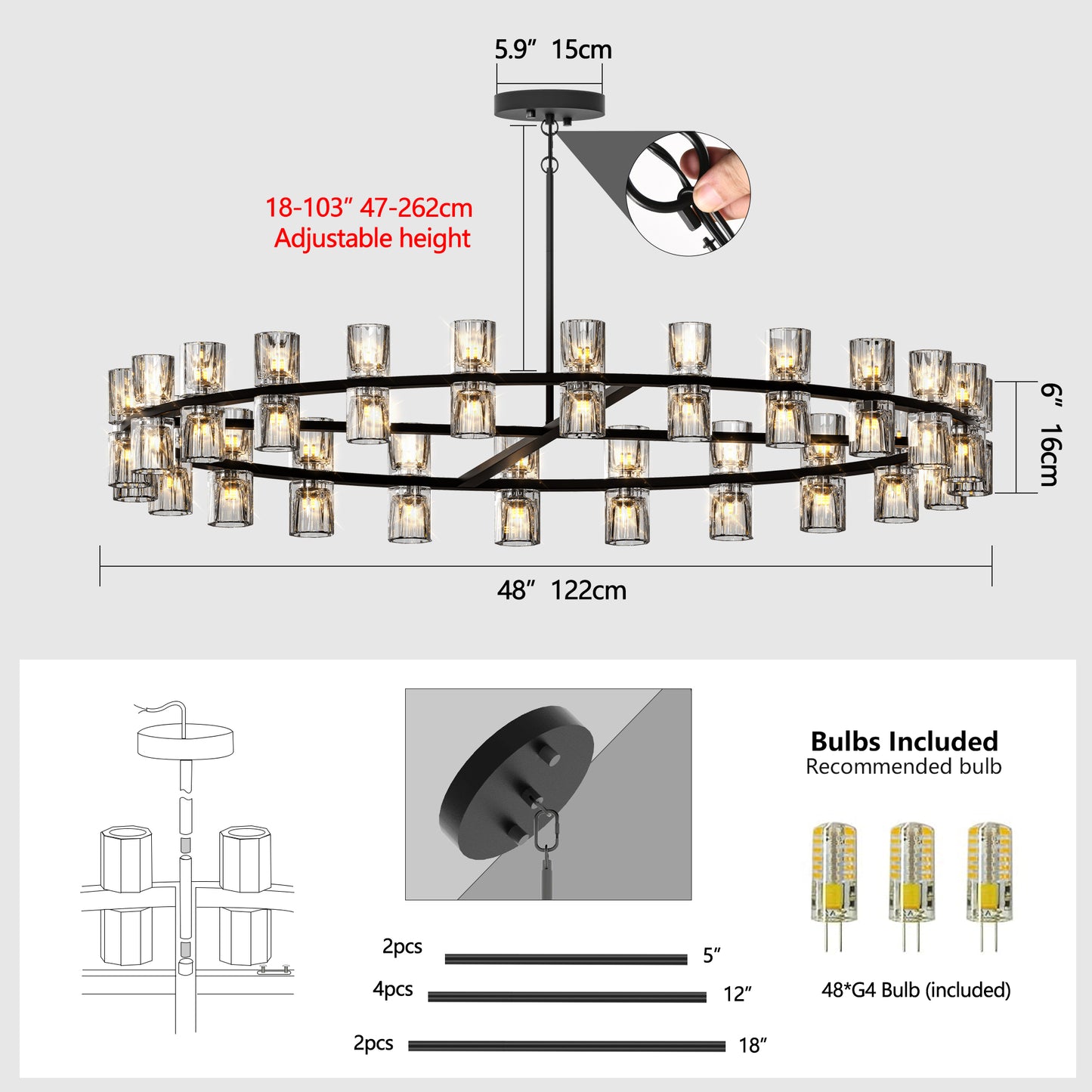 L005030-D48-P48B W1340P31077948 Inches Luxury Chandeliers Crystal Living Room Decorative Lights Simple Modern Dining Room LED Lighting,for Home Decor Bulbs Included Black