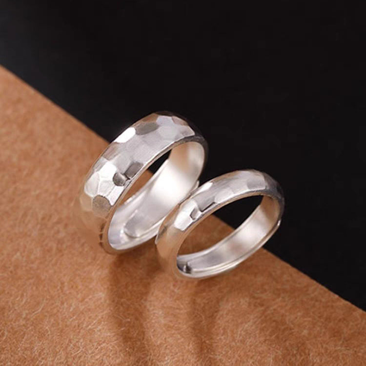 1 Pair 999 Sterling Silver Hammered Texture Couple Rings, Minimalist Retro Promise Rings, Ideal Valentine's Day Gift For Lovers