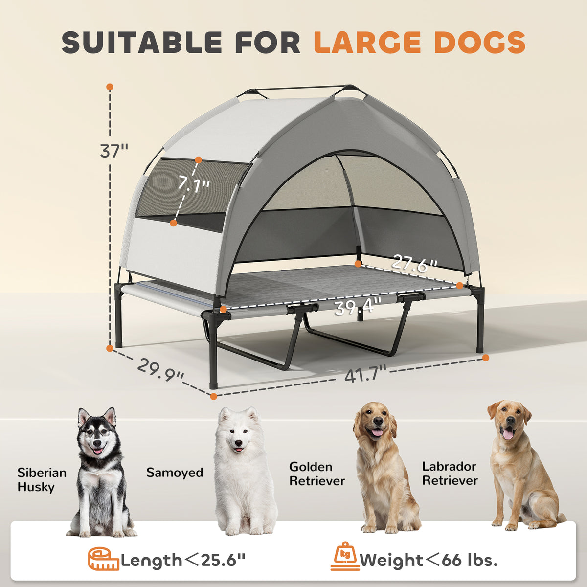 Elevated Dog Bed With Removable Canopy, Portable Outside Raised Pet Cot With Cooling Pad, Storage Bag, 42 X 30 X 37