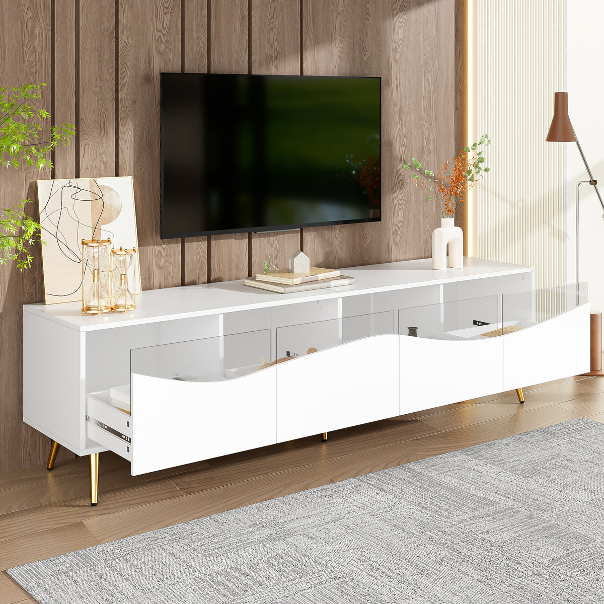 Modern TV Cabinet 180 X 40 X 50 Cm With LED Lighting, White Body, Golden Metal Feet, Glass Front & Storage Space Stylish Lowboard For Living Room