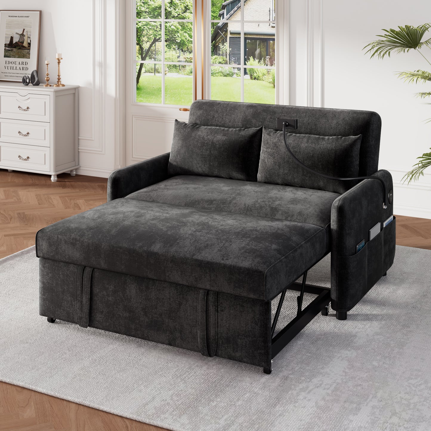 Modern 2 Seater Sofa Bed, 3 In 1 Convertible Design With Adjustable Backrest, Phone Holder, USB Ports And Side Pockets, Pull Out Chenille Sofa Bed For Living Room, Guest Room And Office, Grey