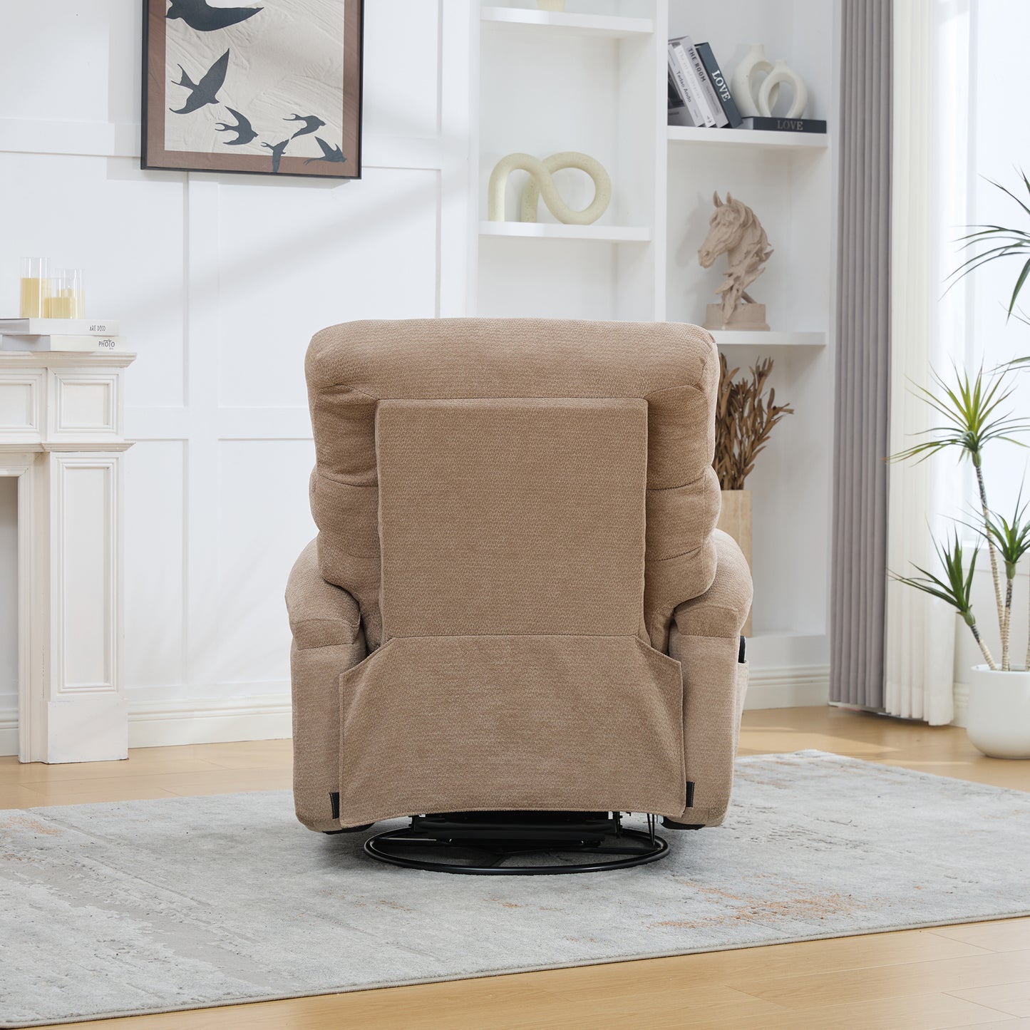 Electric 360 Swivel Recliner With Massage And Heat Function, Manually Adjustable Backrest And Footrest, And Side Storage Pockets. Taupe