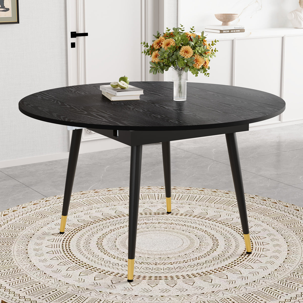 Modern Extendable Dining Table, Transforms From Round To Oval, MDF Top In Black Walnut With Gold Accents, Sturdy Metal Legs, Space-saving For Kitchen & Dining Room
