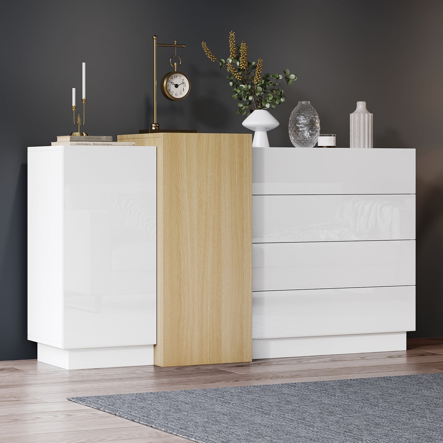 White High-Gloss Sideboard Cupboard With 4 Drawers, Modern Dining Room Large Display Storage Cabinet With 2 Doors, Natural Wood Color,Unit For Living Room Kitchen And Bedroom,140 X35x76.5 Cm