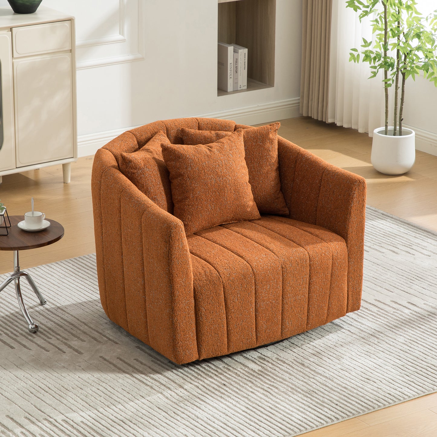 39 W Upholstered Oversized 360 Swivel Accent Barrel Chair And Half Cozy Sofa With 3 Pillows, Chenille Channel Tufted Pumpkin-Shape Club Armchair For Living Room, Bedroom, Office, Lounge,Orange