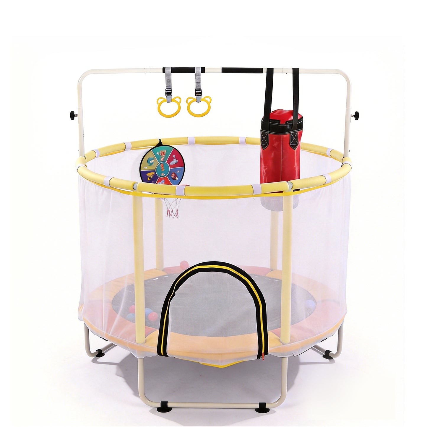 54 Inch Mini Indoor And OutdoorToddler Trampoline With Safety Net, Antislip Safe Design, Round Jumping Toy,With Boxing Bag ,Ring And Basketball Hoop, With Adjustable Gym Bar,Gift For Boys&Girls