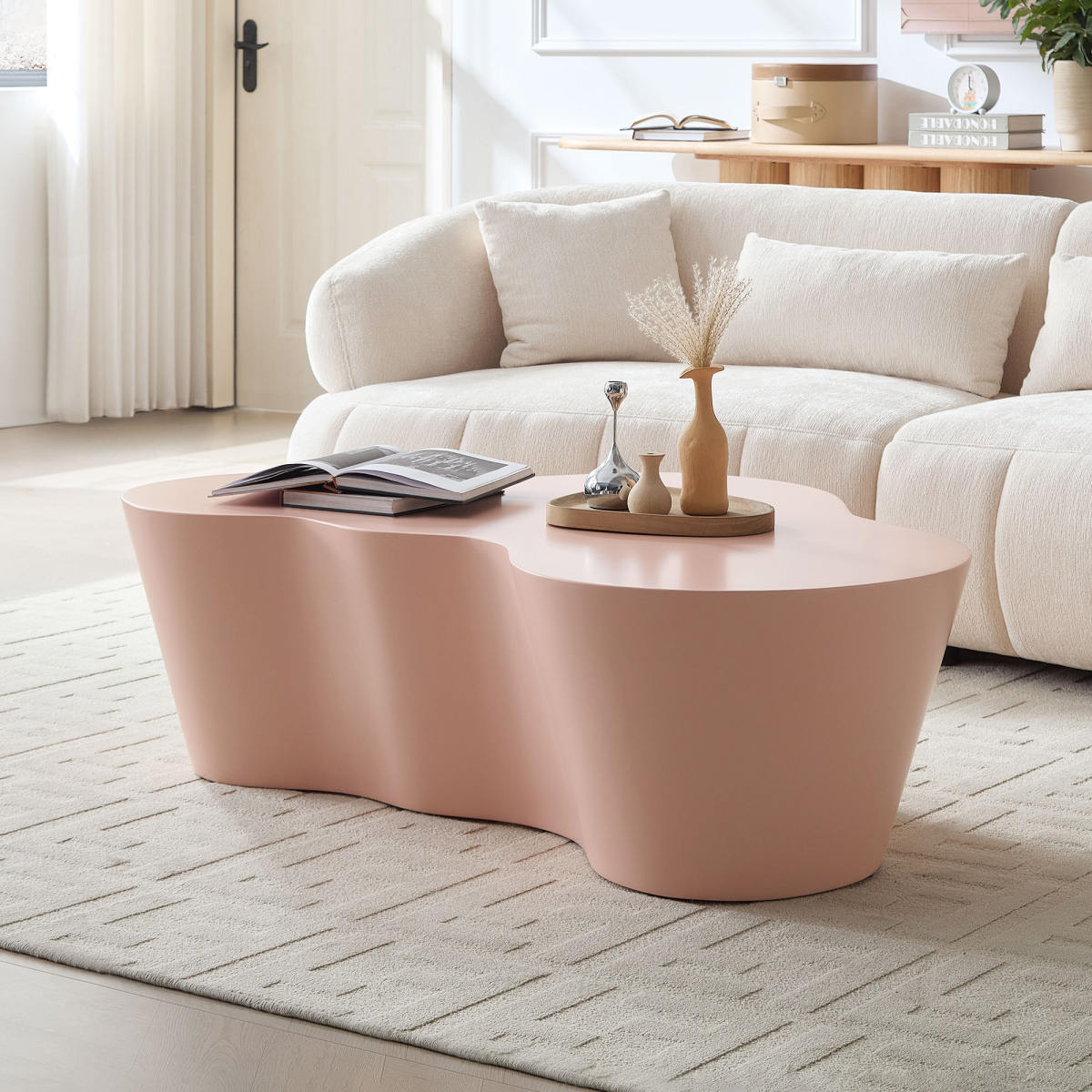 50 Inch Unique Shape Coffee Table Sturdy Fiberglass Tea Table For Living Room No Need Assembly PINK