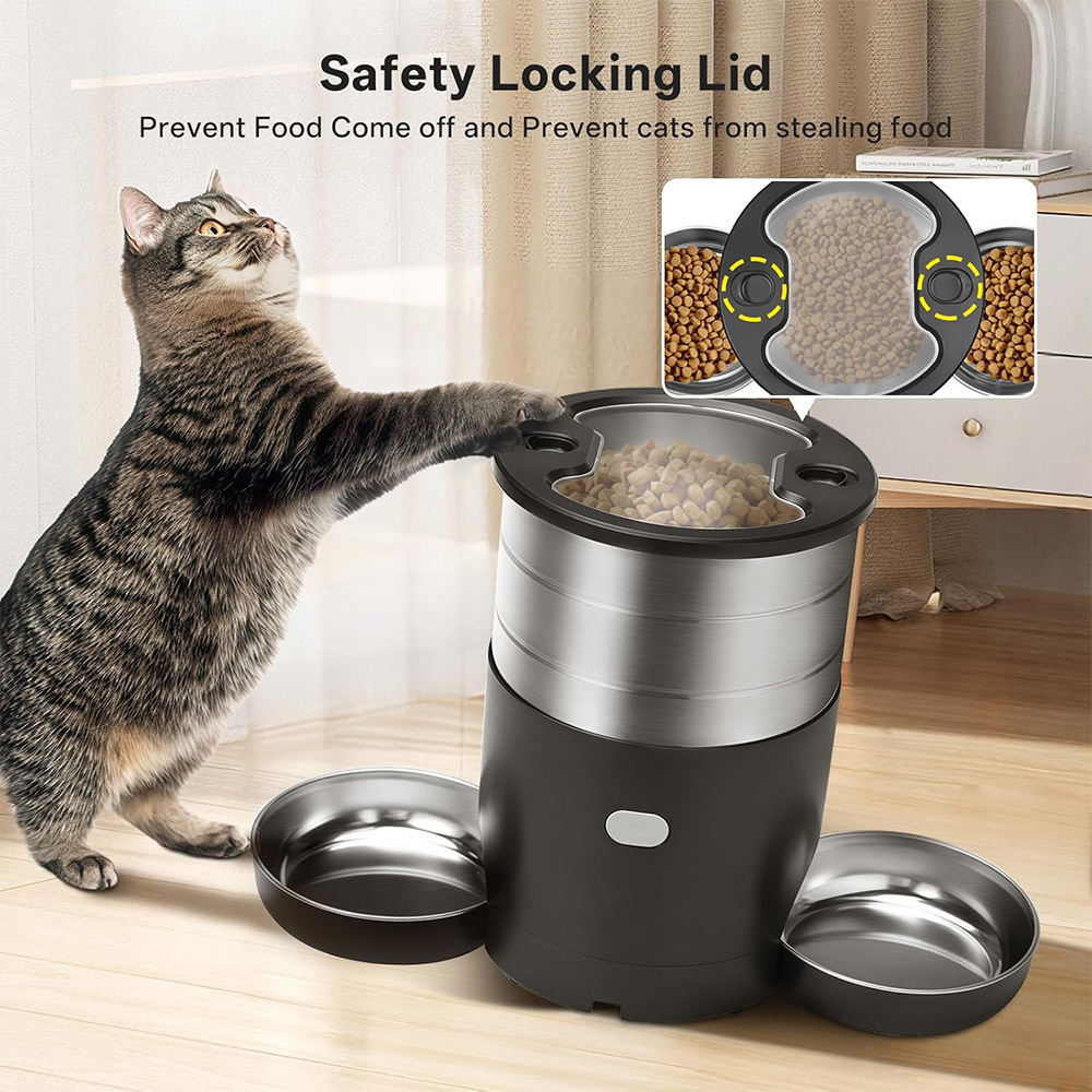 Automatic Pet Feeder Timed Quantitative 304 Stainless Steel Double Bowl Dispenser
