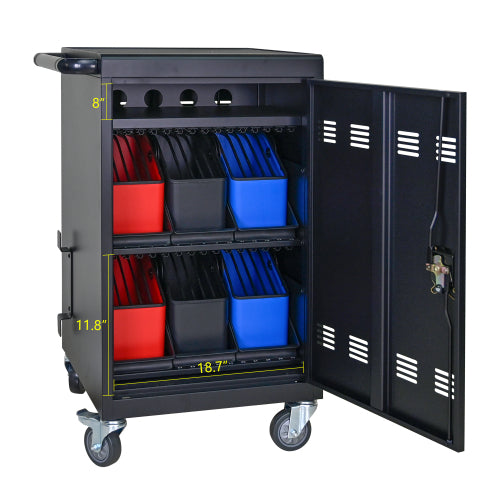 Tablet Laptop 32-bit-Plastic Device Basket Device For Mobile Charging Trolley- Includes Cable Management Dividers, Cable Clips, Storage Compartment, And Removable Doors Black