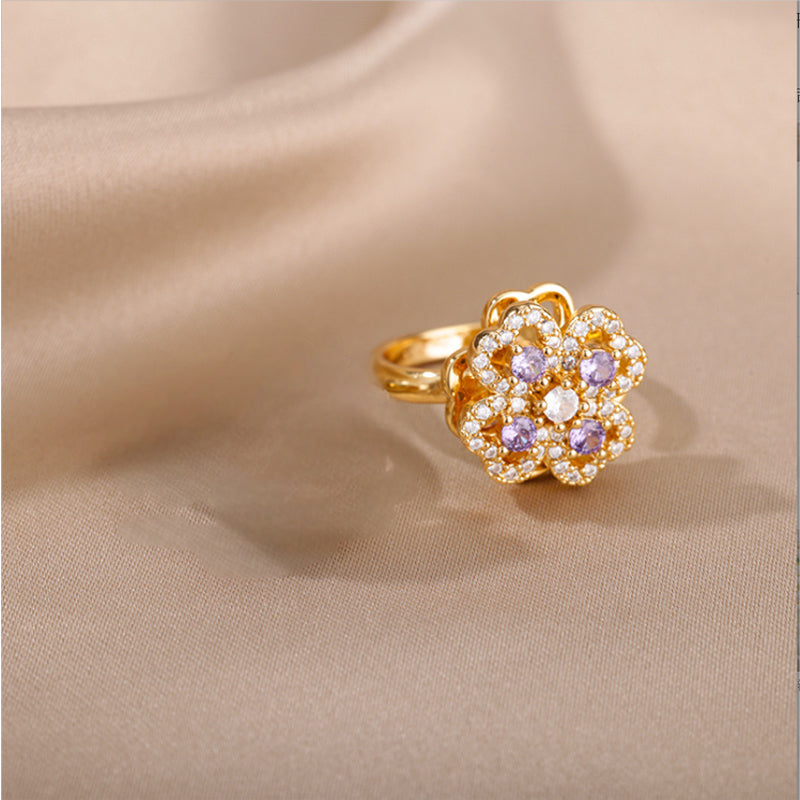 Golden Clover Rotate Rings For Women,Zircon Stainless Steel Open Adjustable Ring Golden Gift Jewelry