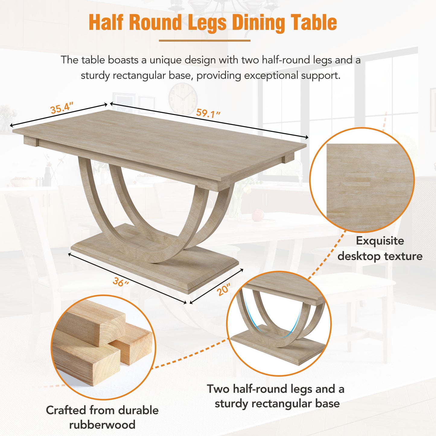 TOPMAX 6-Piece Wood Half Round Dining Table Set Kitchen Table Set With Long Bench And 4 Dining Chairs, Modern Style, Seadrift