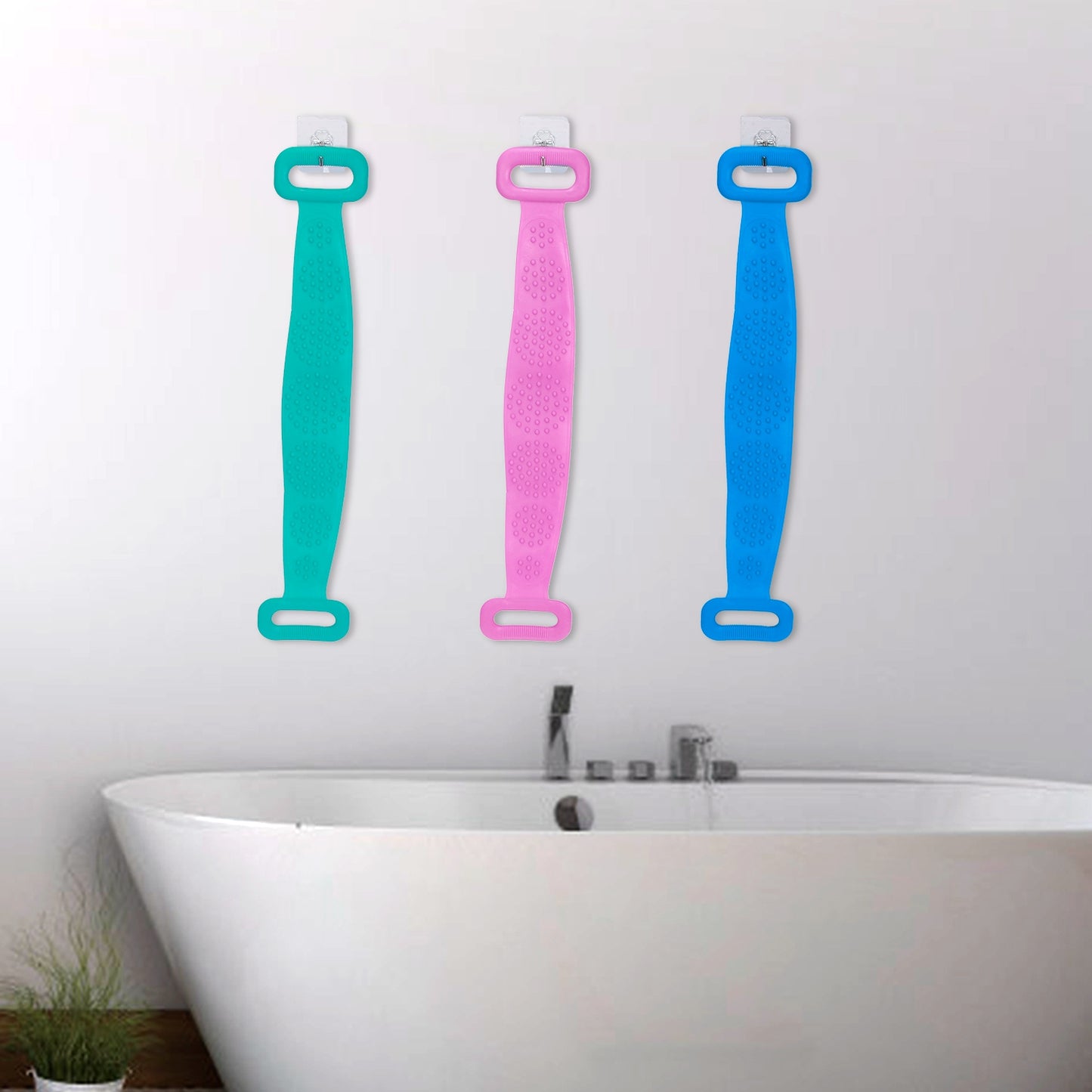 Silicone Back Scrubber Belt For Shower Exfoliating Foaming Body Wash Strap Brush Bristles Massage Dots With Adhesive Hook