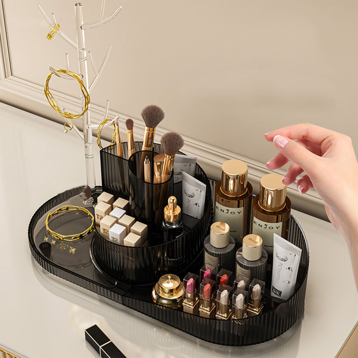 Rotating Makeup Organizer With Jewelry Storage Large Capacity Cosmetic Display Case Holds 20 Brushes, 10 Lipsticks, 8 Skincare Products 360 Spinning Vanity Organizer For Countertop & Bathroom