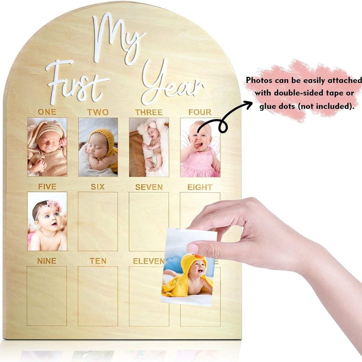 My First Year Wooden Baby Photo Frame, 12 Months Milestone Growth Board, Arch Shape Baby 1st Birthday Keepsake Picture Display Plaque, Newborn Shower Gift For Boys Girls Nursery Decor