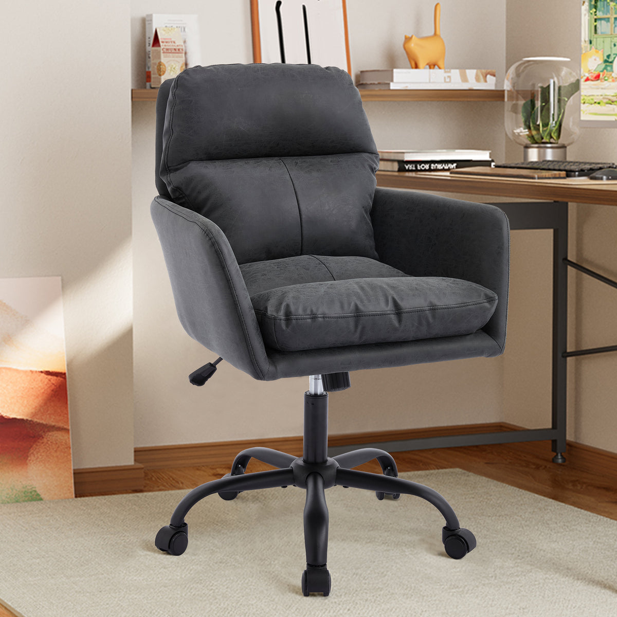 Artificial Leather, PU Leather, Black Base, Adjustable In Height, Suitable For Office, Bedroom, Dressing Table And Other Environments. An Office Chair.Black