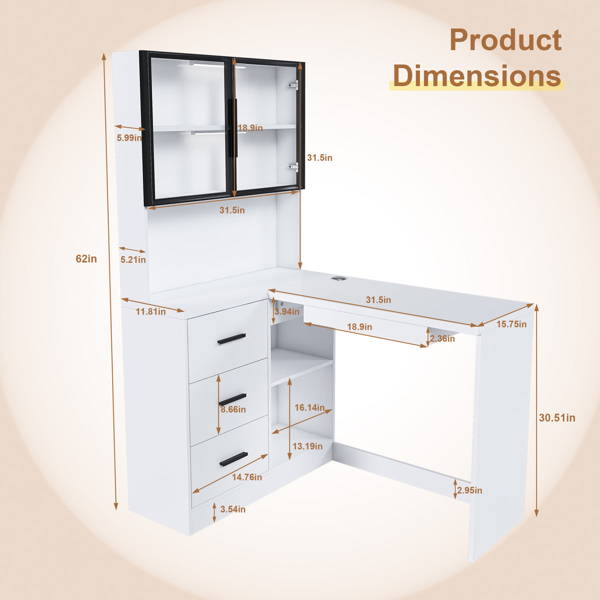 Computer Desk With Glass Cabinets & Built-In LED Lights, Corner L-Shaped Office Desk With USB Charging Ports, Keyboard Tray, Ergonomic Design For Home And Corporate Workspaces White