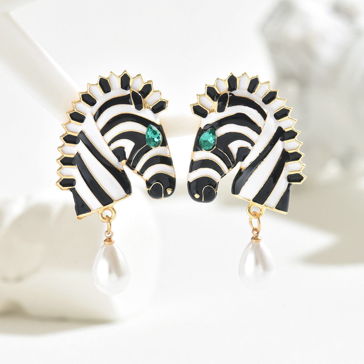 Cross-border European American Creative Oil Drip Earrings For Women, Unique Zebra Animal Design Inlaid Rhinestone & Pearl Drop Earrings, Fashion Ear Jewelry
