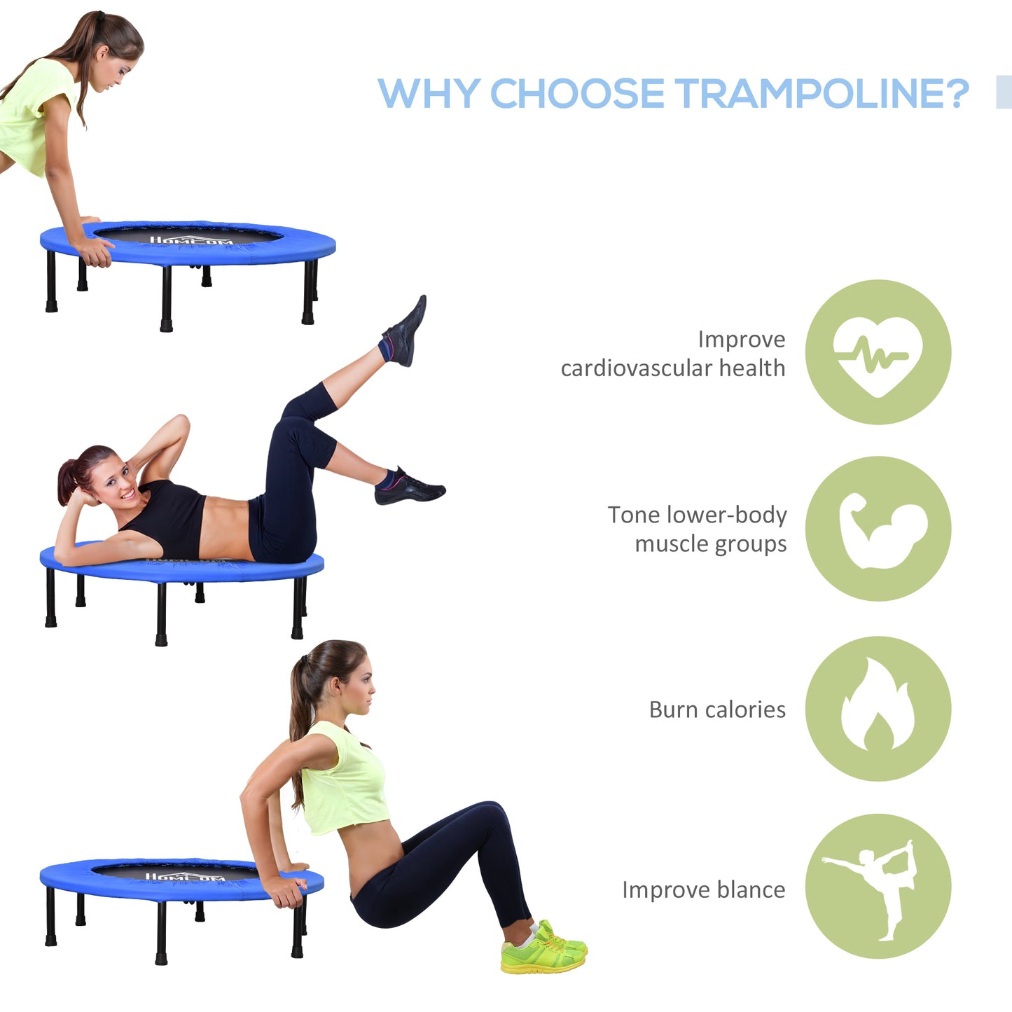36" Mini Fitness Trampoline Home Gym Yoga Exercise Rebounder Indoor Outdoor Jumper With Safety Pad, Support Up To 100 KG, Blue And Black