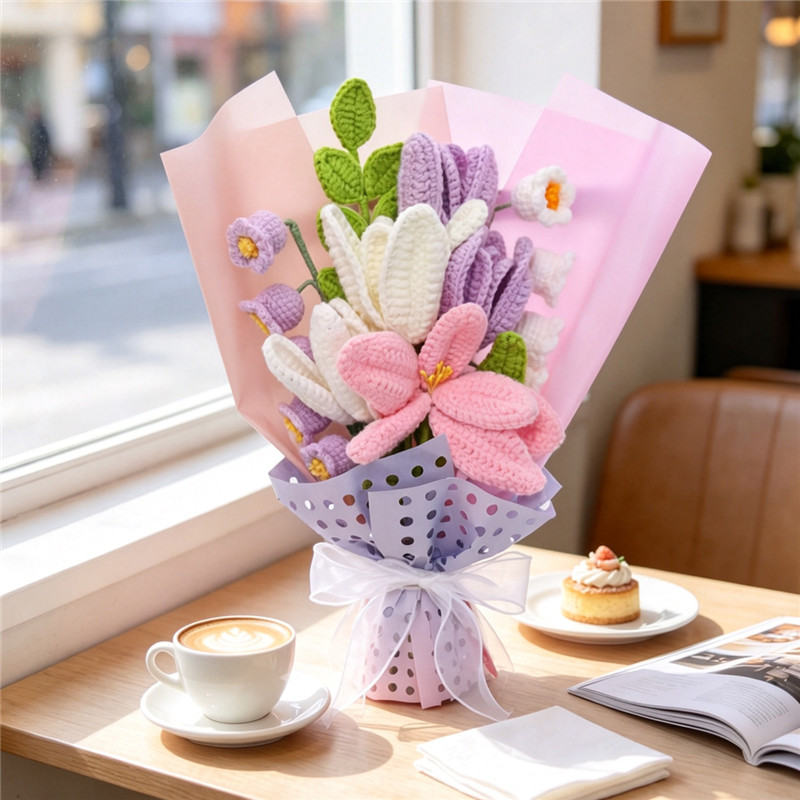 Lavender Tone Hand Crochet Flower Bouquet, Forever Crochet Floral Keepsake Gift For Women, Romantic Indoor Table Ornament